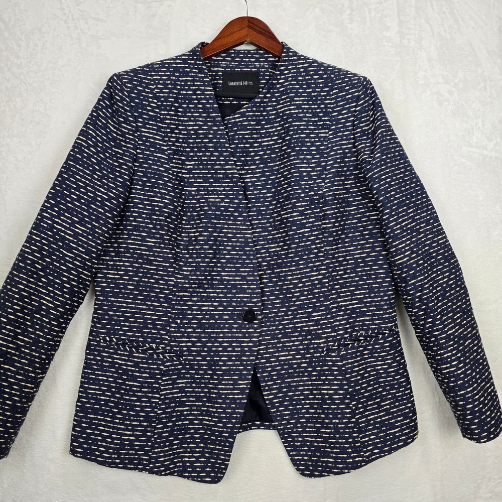 Lafayette 148 New York Navy Blue Cream Woven Collarless Blazer Jacket Size 16
